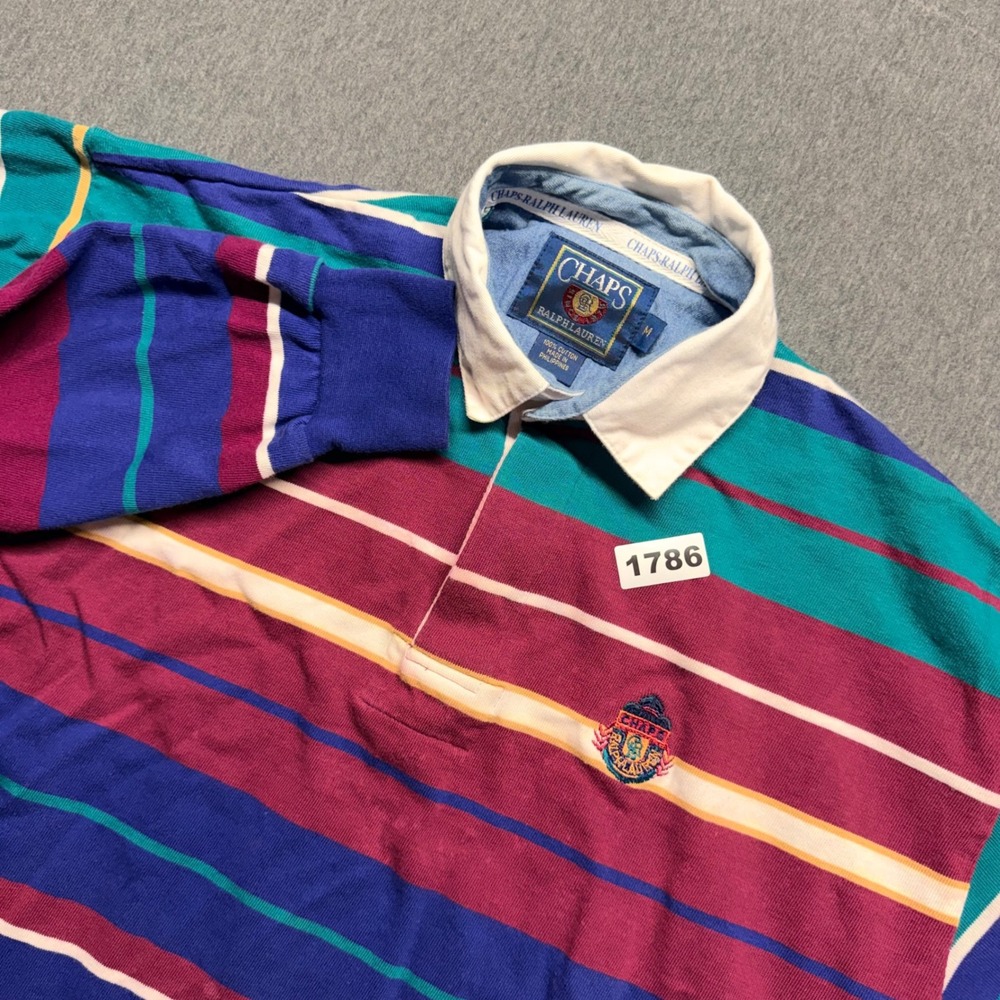 Chaps Ralph Lauren Mens Vintage Multi Color Striped Rugby Shirt Medium Crest